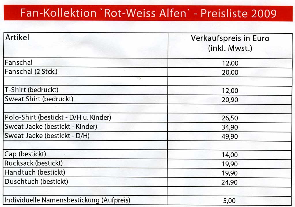 Die Preisliste der Fan-Kollektion. Greifen sie schnell zu, bevor alles vergriffen ist.